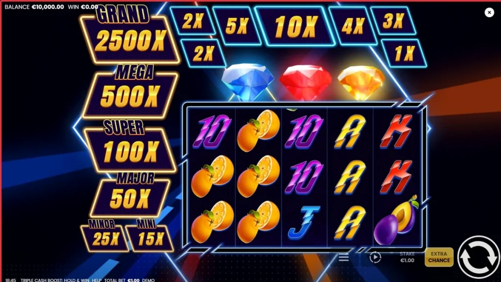 Tampilan visual slot Triple Cash Boost dengan tema neon futuristik dan simbol buah klasik.
