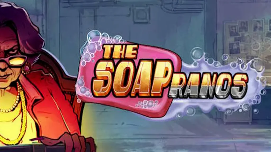 Tampilan visual slot Soapranos dengan elemen neon dan grid 5x3